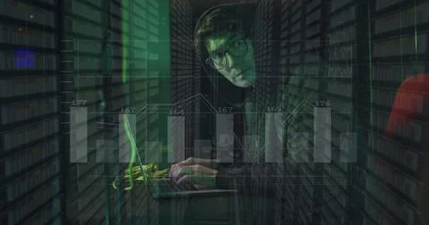 Image of caucasian hacker over data processing on dark background Stock Photos