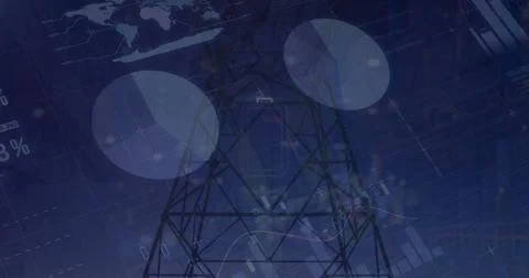 Image of cellphone over infographic interface and low angle view of transmission Photos