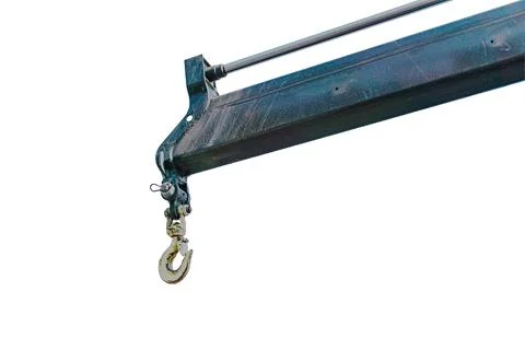 Image of a central, metal crane hook with silver finish against a neutral gra Stock Photos
