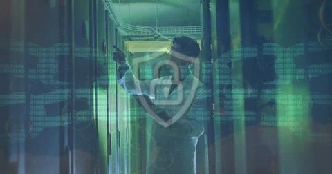 Image of chain and data processing over asian male it engineer by computer Stock Photos