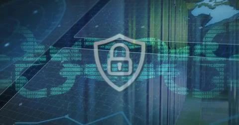 Image of chain and padlock icon over network and server room Stockfoto's
