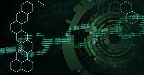 Image of chain of binary coding over scope scanning and shapes Foto stock