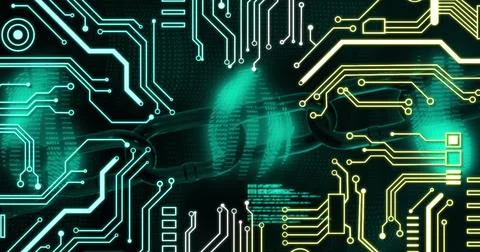 Image of chain, computer data processing over circuit board Stock Photos