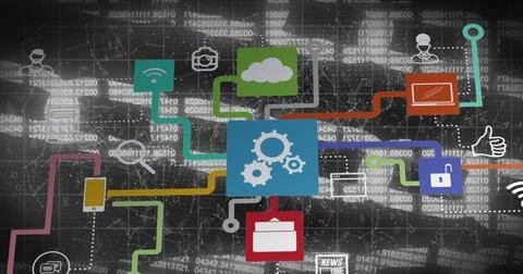 Image of chain, computer data processing over network of connections Stock Photos