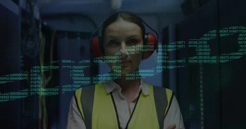Image of chain data processing over caucasian female it engineer by computer Stock Photos