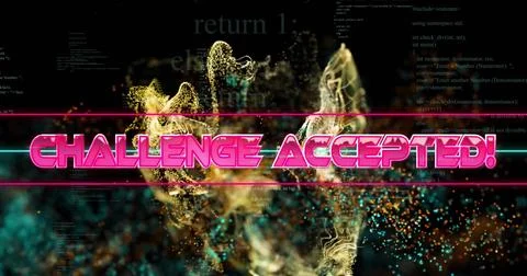 Image of challenge accepted and neon pattern on black background Stock Photos