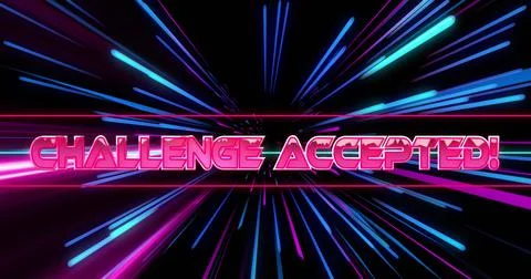 Image of challenge accepted over pink and blue neon light trails Stock-Fotos