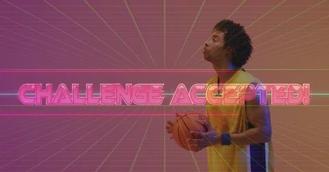 Image of challenge accepted text over neon pattern and biracial basketball Illustrazione stock