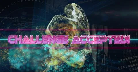 Image of challenge accepted text over neon lines and explosion Illustrazione stock