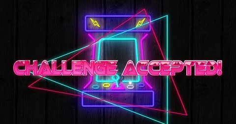 Image of challenge accepted text over colourful neon arcade Stock Illustration