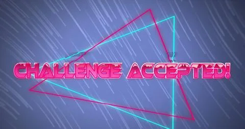 Image of challenge accepted text over triangles and falling lines over blue.. 스톡 사진