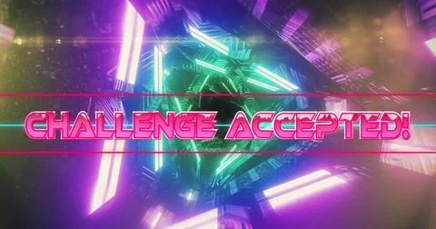 Image of challenge accepted text over neon pattern background Stock Photos