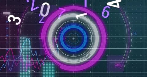 Image of changing numbers against neon round scanner and statistical data イラスト素材