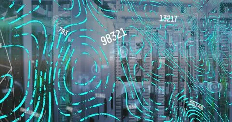 Image of changing numbers and abstract pattern over server room in background 库存照片