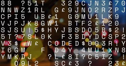 Image of changing numbers and alphabets and spots of light against night city Stock Photos