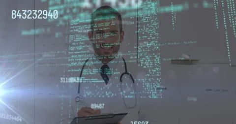Image of changing numbers and computer language over doctor writing on notepad Foto stock