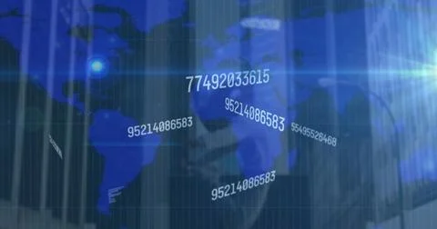 Image of changing numbers and connected dots over map against dancer jumpin.. Stock Photos