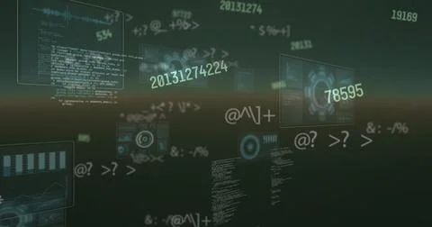 Image of changing numbers and data on black background Illustrazione stock