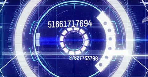 Image of changing numbers and data processing over round scanner against black Stock Photos