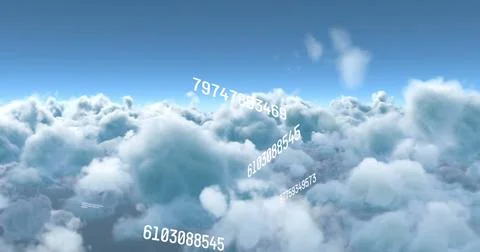 Image of changing numbers and data processing against clouds in the sky 写真素材