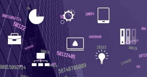 Image of changing numbers and digital icons against low angle view of tall 库存插图