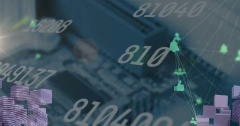 Image of changing numbers and globe of digital icons against close up of a Stockillustratie
