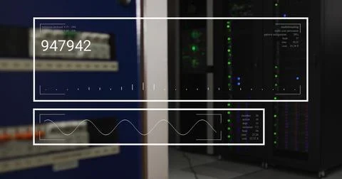 Image of changing numbers and graph over data server room Stock Photos