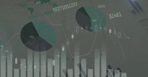Image of changing numbers and graphs over infographic interface against gray イラスト素材