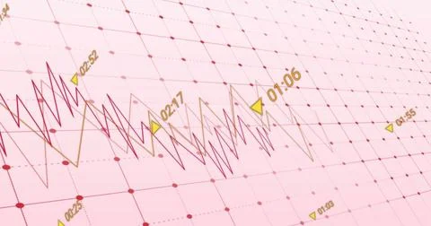 Image of changing numbers and graphs over grid pattern against pink background Stockfoto's