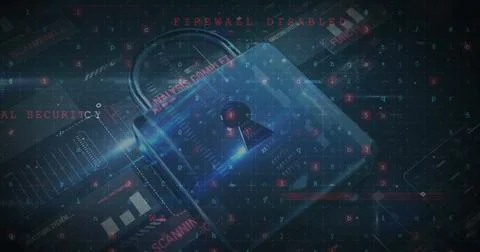 Image of changing numbers and letters over online security padlock Foto stock