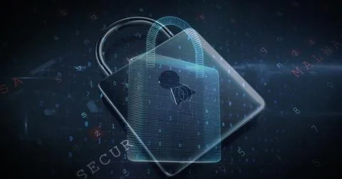 Image of changing numbers and letters over online security padlock Stockfoto's
