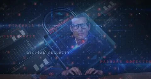 Image of changing numbers and letters over online security padlock and man using Stockfoto's