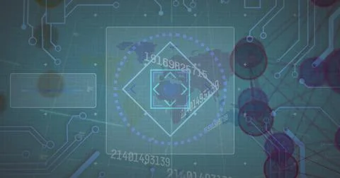 Image of changing numbers and microprocessor connections over world map against Stockfoto's