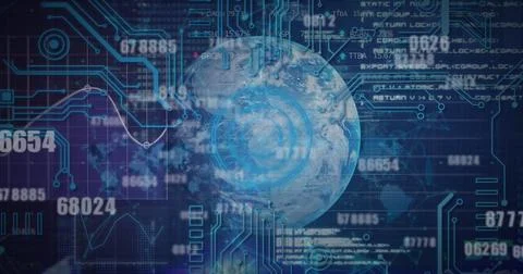 Image of changing numbers and microprocessor connections over globe against blue Stock Photos