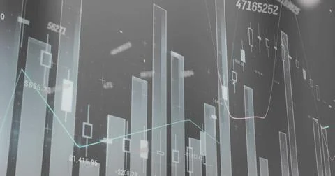 Image of changing numbers and multiple graphs over gray background Stock Photos