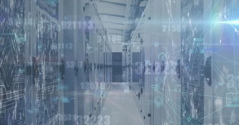 Image of changing numbers and network of digital icons against light spot over Stock-Illustration