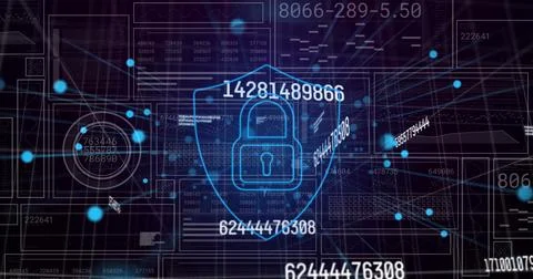 Image of changing numbers and security padlock icon against interface with .. 스톡 사진