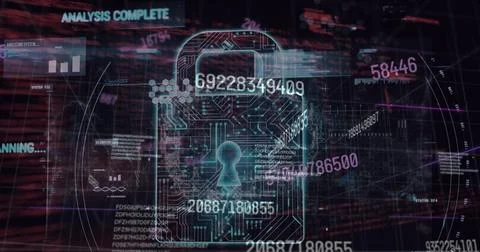 Image of changing numbers and security padlock icon over data processing on Stock Photos