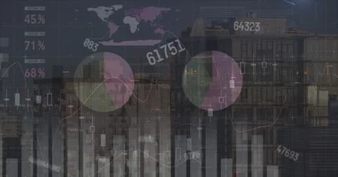 Image of changing numbers and statistical data processing against aerial view of Stock Illustration