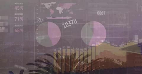 Image of changing numbers and statistical data processing against aerial view of Stock Illustration