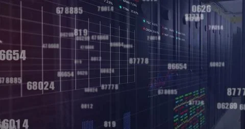 Image of changing numbers and stock market data processing against computer 스톡 일러스트