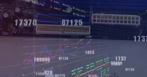 Image of changing numbers and stock market data processing against close up of a Stock Illustration