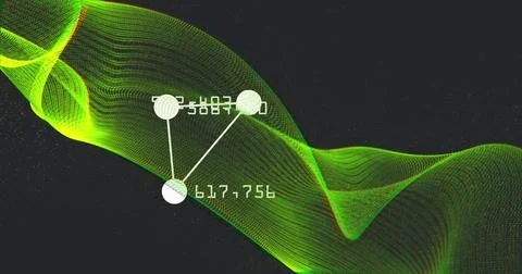 Image of changing numbers around connected dots forming triangle over dynamic Foto stock
