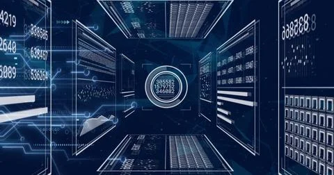 Image of changing numbers in circles, loading bars over connected dots forming Stock Photos