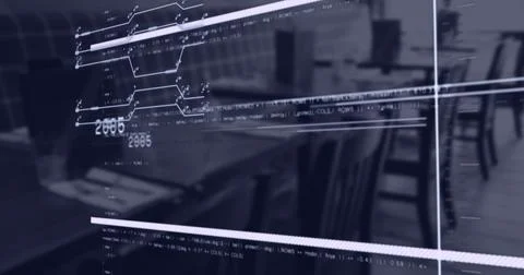 Image of changing numbers, circuit board patterns, computer language over empty Foto stock