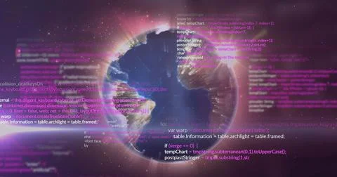 Image of changing numbers with computer language over rotating globe against 写真素材