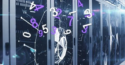 Image of changing numbers, connections, net and lights over servers Stock Illustration