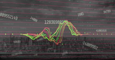 Image of changing numbers floating over data processing against aerial view of Foto stock