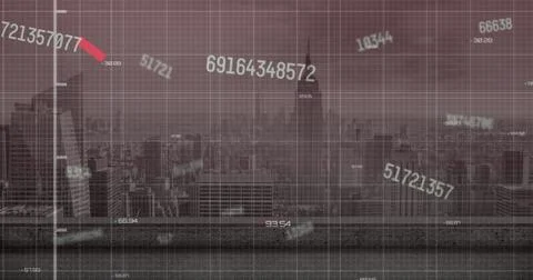 Image of changing numbers floating over data processing against aerial view of Foto stock