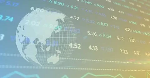 Image of changing numbers with graphs and globe moving on abstract background Stock Illustration